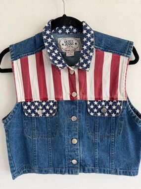 Women's Denim Vest with American Flag Detail - Blue / Red / White